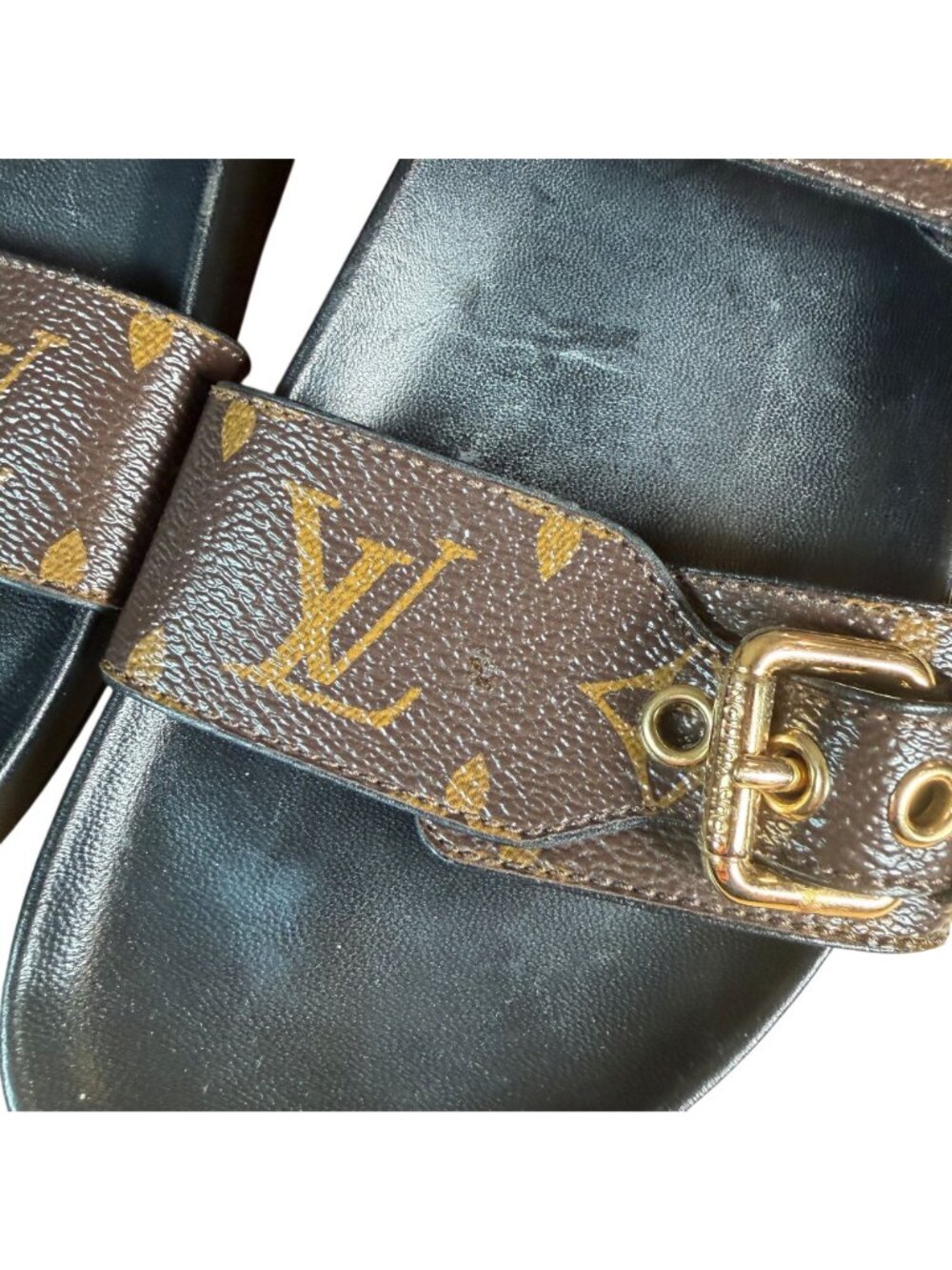 Louis Vuitton Bom Dia Slide Sandals EU 38 US 8 Brown LV Canvas Buckle Flat Mule - Picture 3 of 9